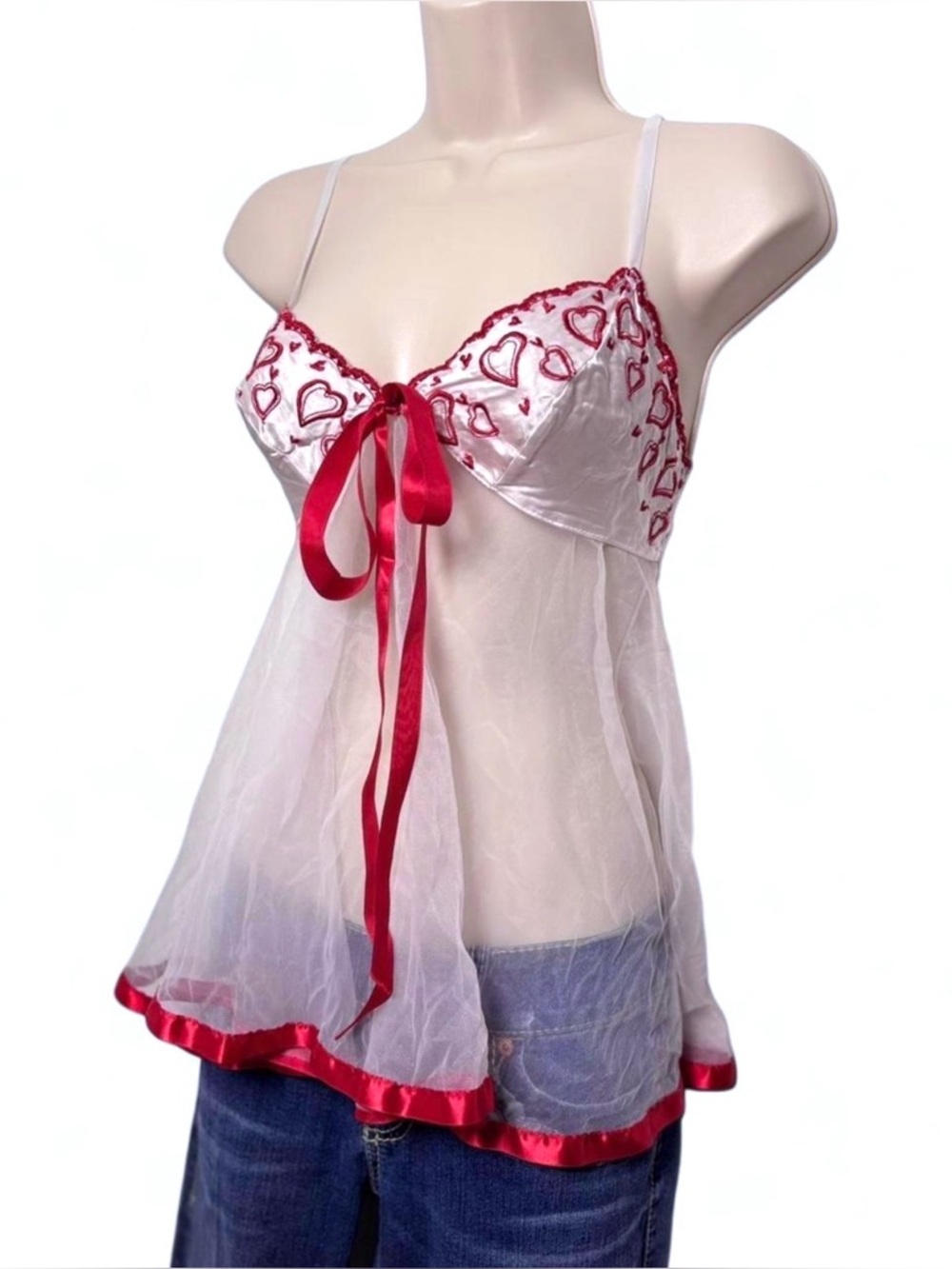 Vintage Y2K Frederick’s of Hollywood Lace Babydoll Cami Top Red Heart Fairy